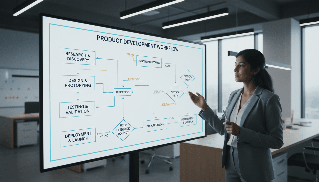Business consultant designing and reviewing an optimized workflow process