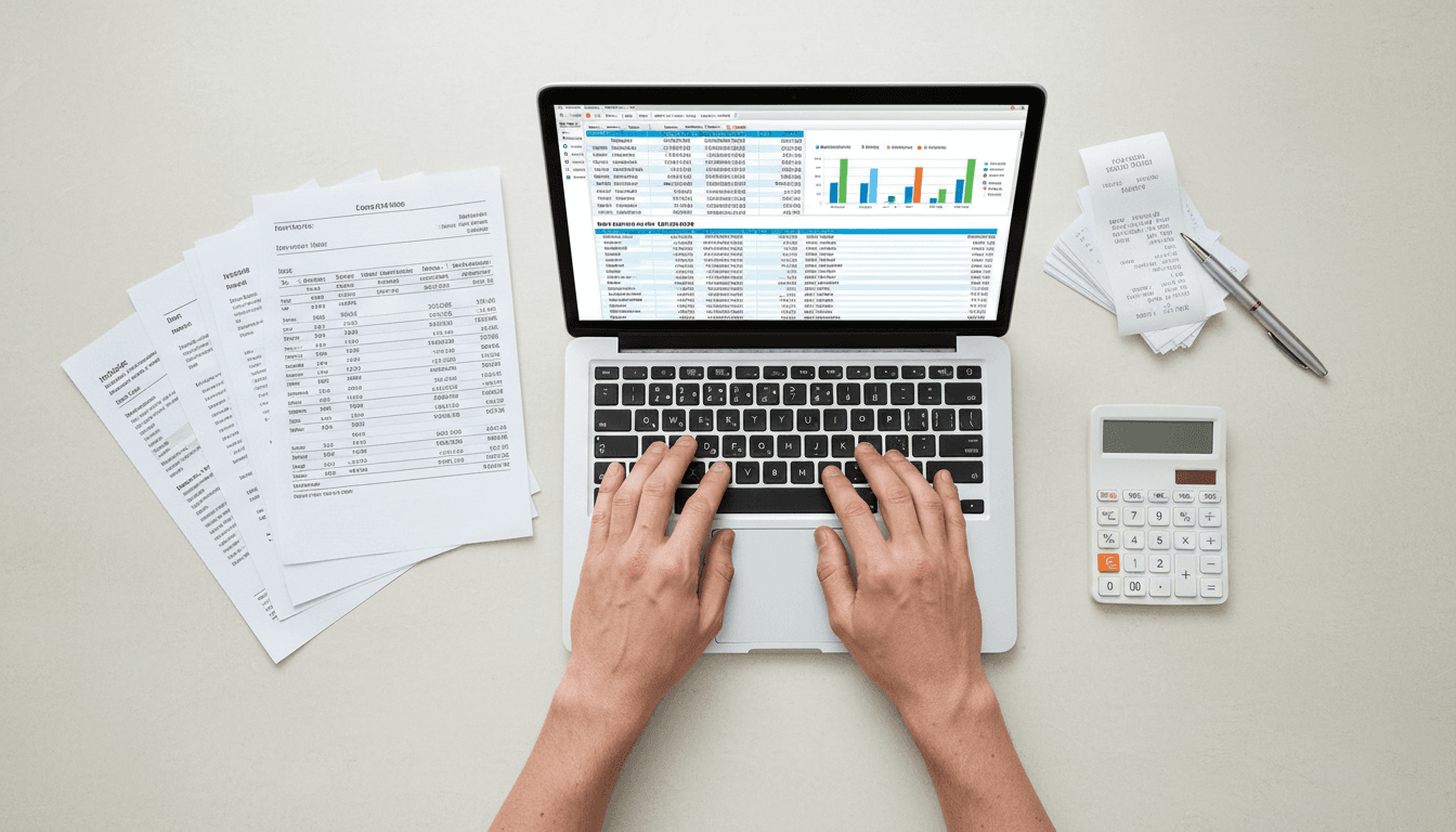 Financial professional organizing receipts and entering accounting data