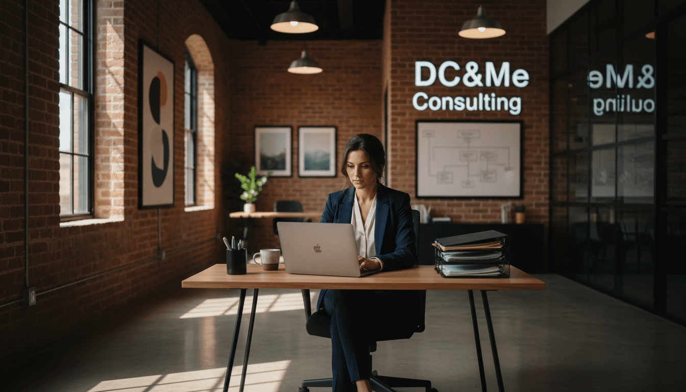 Professional woman working at a desk in an elegant, brick-walled office