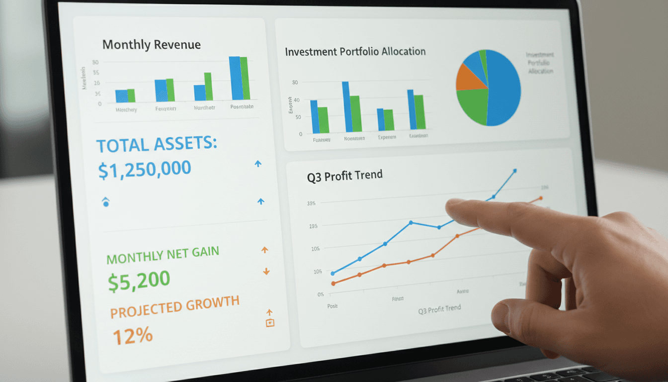 Business owner analyzing a custom Excel dashboard with financial metrics