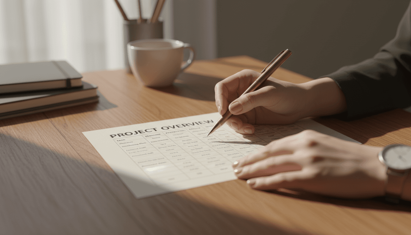 Business owner reviewing organized financial documents and dashboards at a wooden desk with morning light