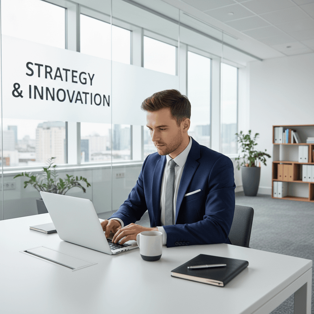 Young professional man working at a desk in a modern, bright office.