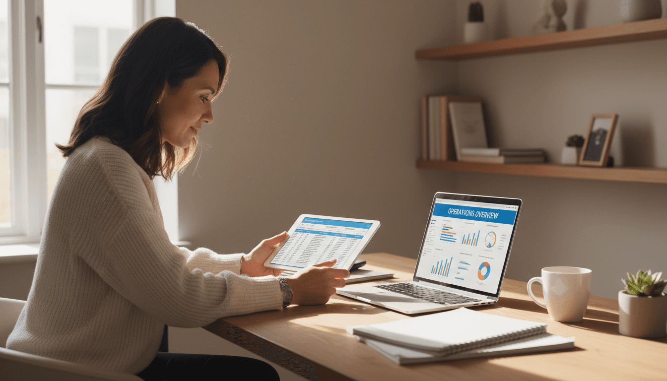 Business owner reviewing organized financial dashboards and process documentation with clarity and confidence