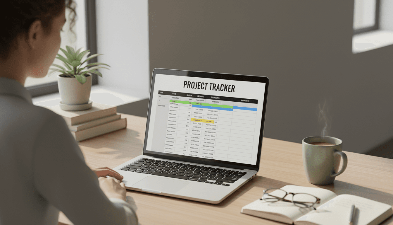 Freelancer reviewing organized spreadsheets and process tracking tools on a laptop in a bright, calm workspace