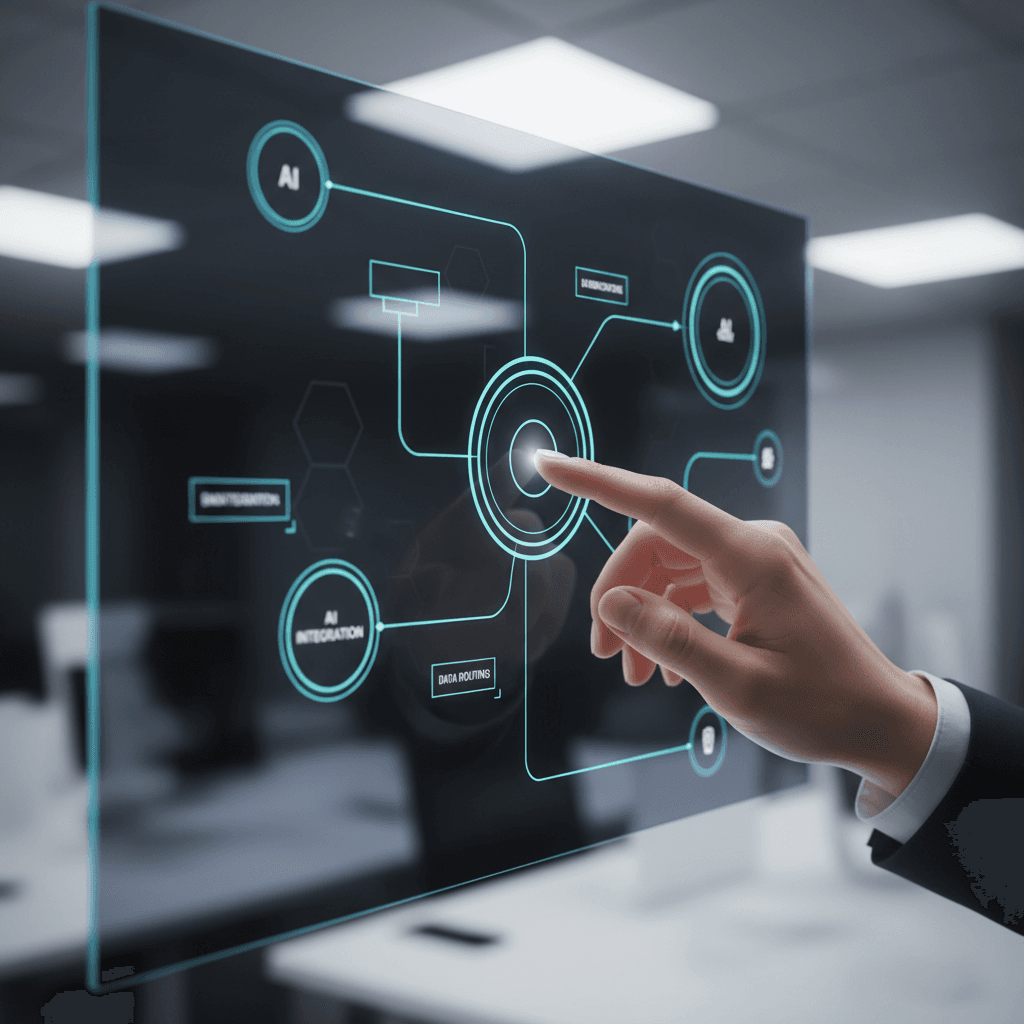 Professional hands interacting with an interactive touchscreen displaying automated workflow diagrams and AI integration points