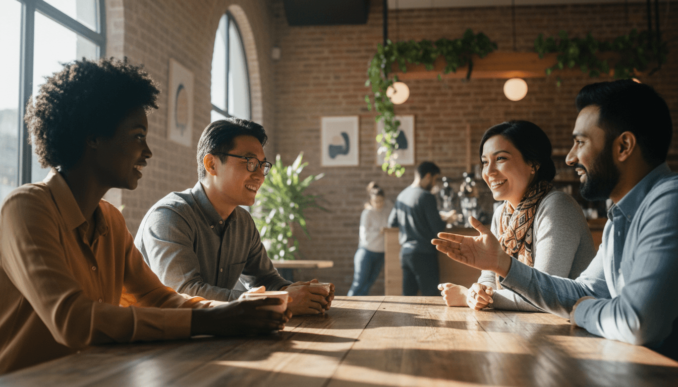 Four diverse professionals in animated conversation around a wooden café table, bathed in natural afternoon sunlight from large windows.