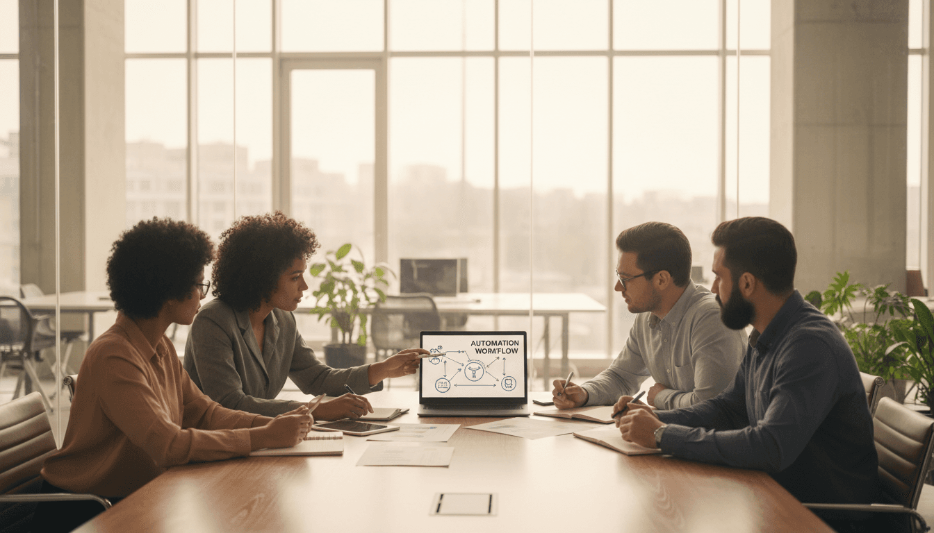 Diverse team meeting in modern conference room discussing custom web application and automation workflows around table