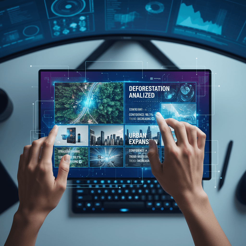 Close-up of hands swiping through AI-analyzed image thumbnails with real-time metrics and trend indicators displayed