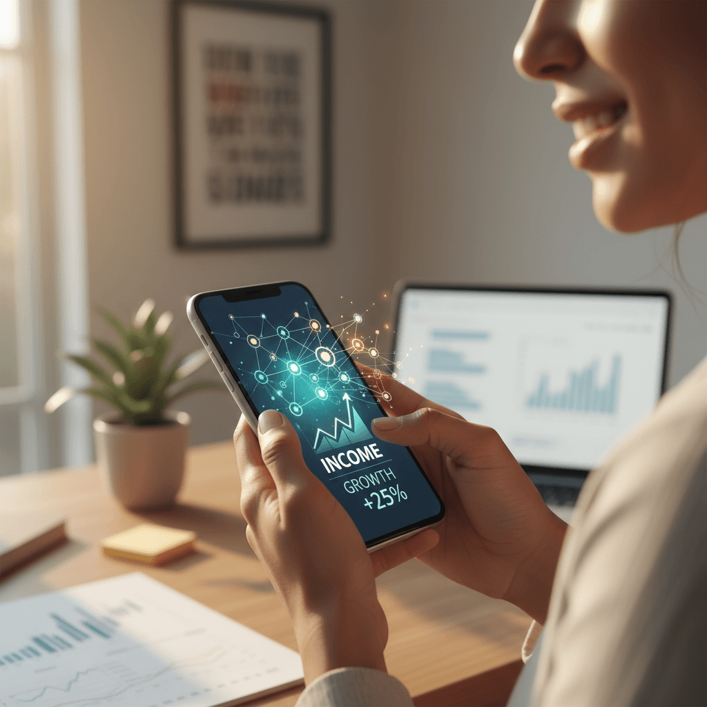 Professional woman viewing income dashboard on smartphone in home office, displaying network growth visualization and earnings tracking