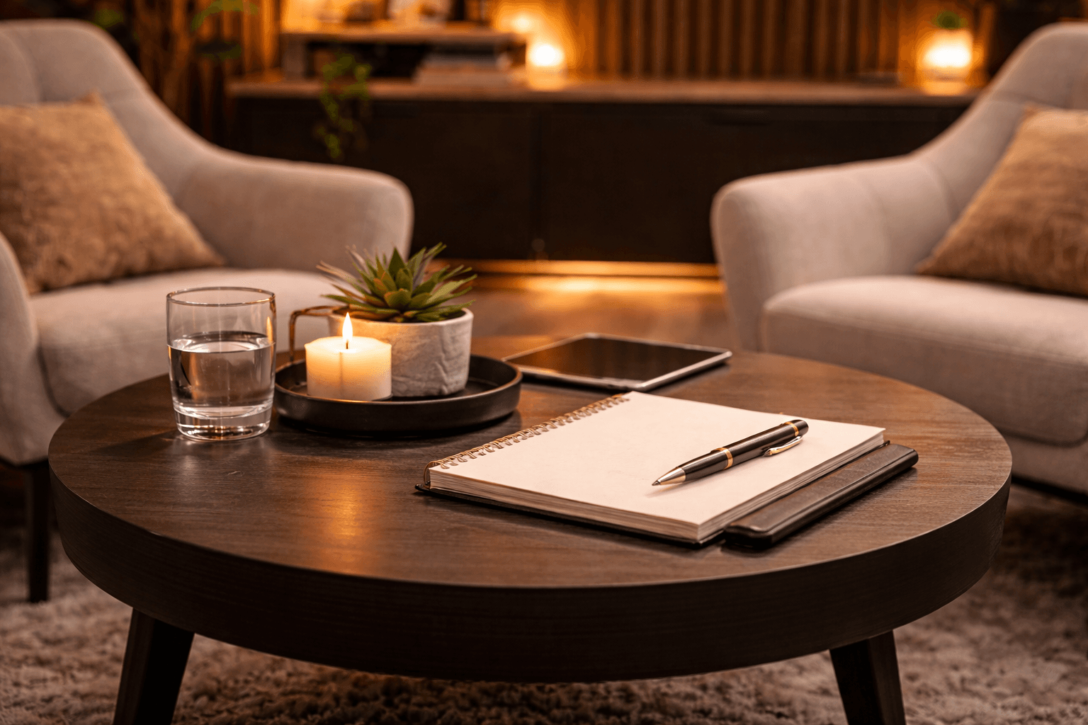 Notebook and pen on a dark coffee table with a lit candle and water.